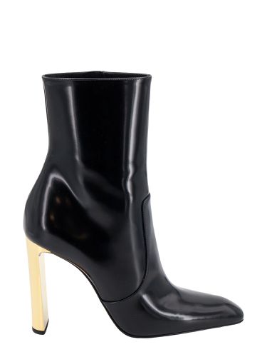 Ankle Boot In Glazed Leather And Gold Heel - Saint Laurent - Modalova