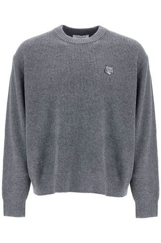 Gray Mélange Wool Sweater With Embroidered Fox Logo - Maison Kitsuné - Modalova