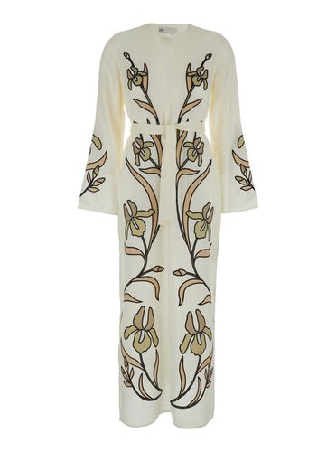 Long White Dress With Floreal Applications In Linen Woman - Tory Burch - Modalova