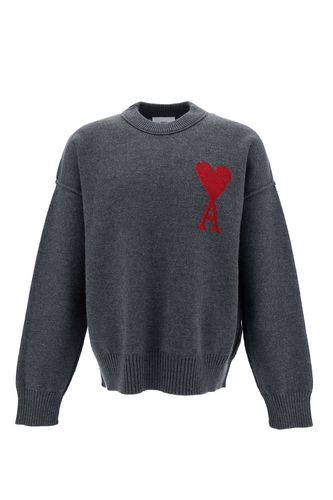 Crewneck Sweatshirt With Red Adc Embroidery In Wool Woman - Ami Alexandre Mattiussi - Modalova