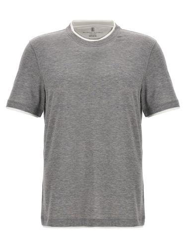 Cotton Blend Silk Crew Neck T-shirt With Contrast Double Layer - Brunello Cucinelli - Modalova