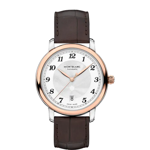 Minutería estilo ""ferrocarril"" y segundero con emblema en un extremo. El reloj presenta una caja de oro 750/1000 y acero de 39 mm - MONTBLANC - Modalova