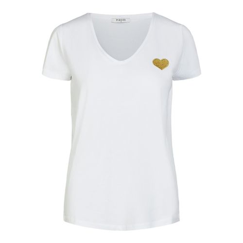 T-shirt Scollo A V, Cuore Ricamato Donna Taglie XS - pieces - Modalova