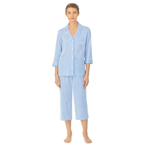 Pigiama Lungo, Maniche A 3/4 Rigato In Cotone Donna Taglie L - lauren ralph lauren - Modalova