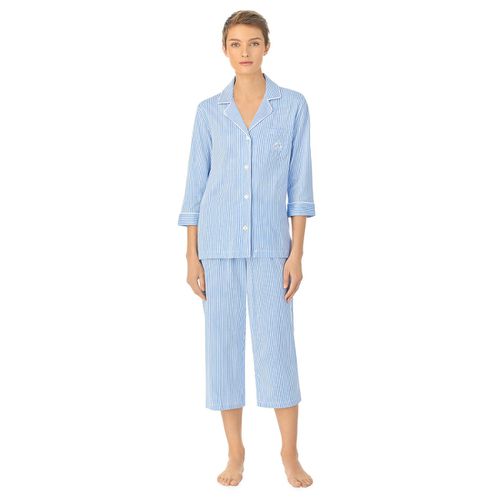 Pigiama Lungo, Maniche A 3/4 Rigato In Cotone Donna Taglie XS - lauren ralph lauren - Modalova