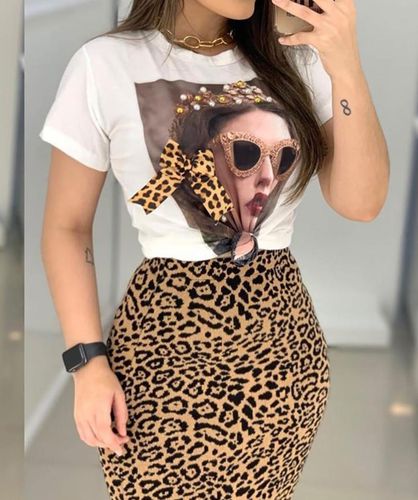 Leopard Print Casual T-shirt& Skirt Set - musthaveskirts - Modalova