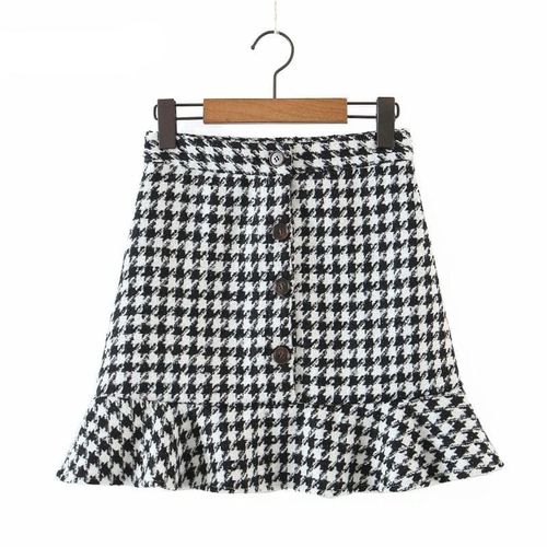 Houndstooth Print Hem Ruffles Casual Slim Skirt - musthaveskirts - Modalova