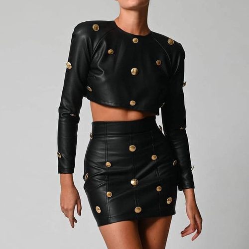 Leather Long Sleeve Crop Top and Skirt with Gold Button - musthaveskirts - Modalova