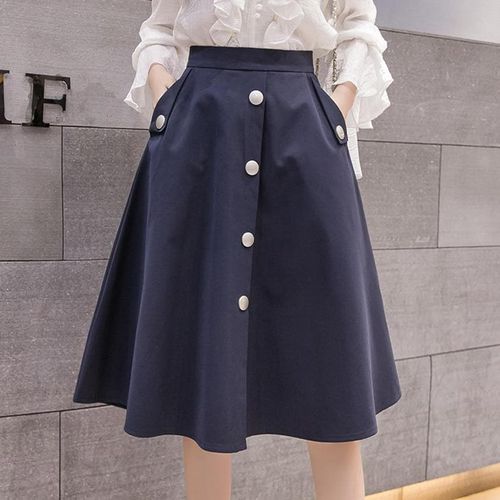 Button Front Midi Swing Skirt With Pocket - musthaveskirts - Modalova