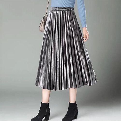Long Metallic Silver Maxi Pleated Midi Skirt - musthaveskirts - Modalova