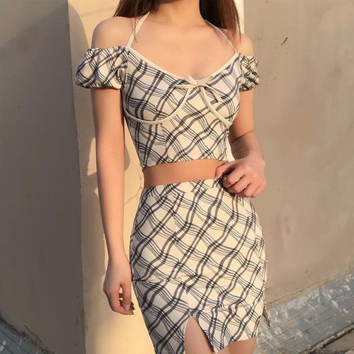 Plaid Belt Hanging Neck Skirt Set - musthaveskirts - Modalova