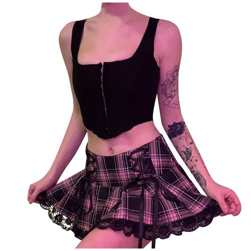 Mid Rise Plaid Lace Trim Tie Up Pleated Skirt - musthaveskirts - Modalova