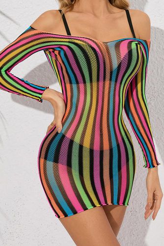 Black Multi Stripe Netted Stretchy Long Sleeve Dress - AMIClubwear - Modalova