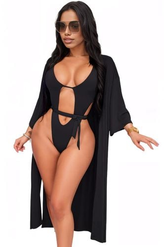 Black Strappy Monokini Kimono Cover-Up 2Pc Swimsuit Set - AMIClubwear - Modalova