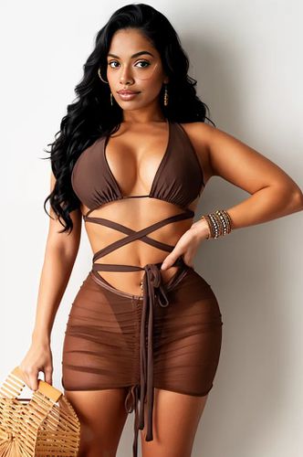 Brown Sleeveless Strappy Wrap Around Ruched Mesh Cover Up Three Piece Dress - AMIClubwear - Modalova