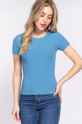 Short Slv Crew Neck Variegated Rib Knit Top - KandyKouture - Modalova