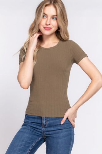 Short Slv Crew Neck Variegated Rib Knit Top - KandyKouture - Modalova