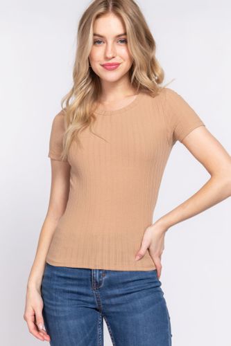 Short Slv Crew Neck Variegated Rib Knit Top - KandyKouture - Modalova