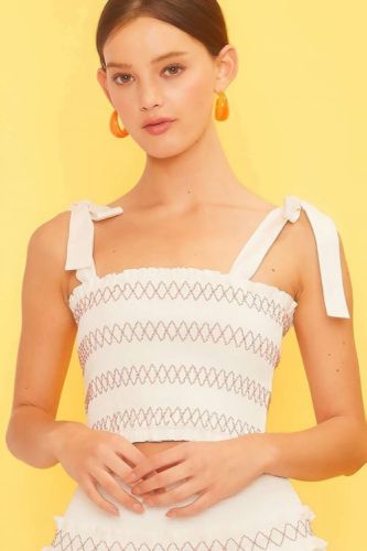 Self Tie Shoulder Smocking Ruffle Crop Top - KandyKouture - Modalova