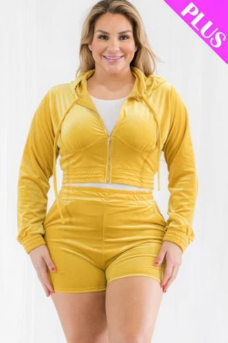 Plus Size Velour Crop Zip Up Hoodie And Shorts Set - KandyKouture - Modalova