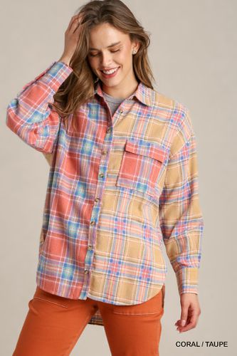 Mixed Plaid Boxy Cut Button Down Flannel With Front Pocket - KandyKouture - Modalova