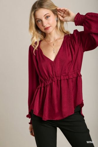 Satin V-neck Ruffle Baby Doll Top With Cuffed Long Sleeve - KandyKouture - Modalova