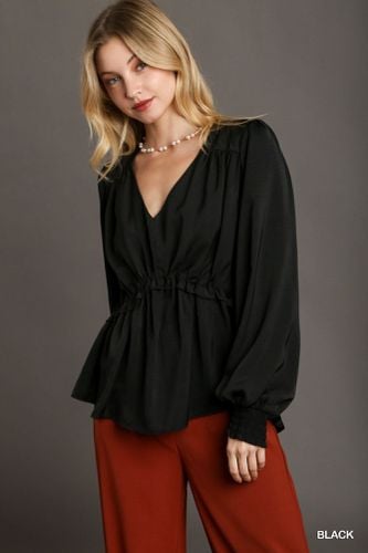 Satin V-neck Ruffle Baby Doll Top With Cuffed Long Sleeve - KandyKouture - Modalova