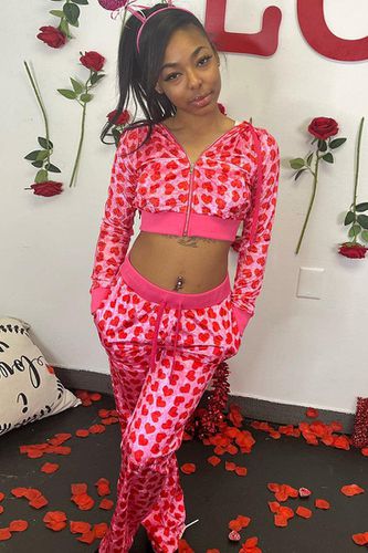 Pink Velvet Red Hearts Crop Hoodie Pants 2Pc Sexy Set Outfit - AMIClubwear - Modalova