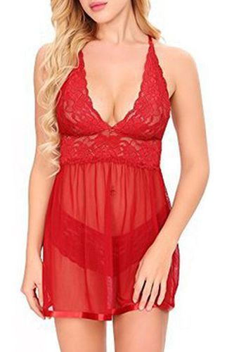 Red Lace Mesh Teddy Babydoll Underwear 2Pc Lingerie Set - AMIClubwear - Modalova