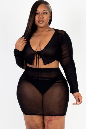 Plus Size Sheer Mesh Tie Front Crop Top & Ruched Side Mini Dress - KandyKouture - Modalova