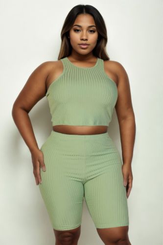 Plus Size Ribbed Cropped Tank Top And Biker Shorts Set - KandyKouture - Modalova