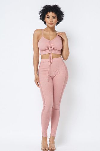 Mesh Strappy Adjustable Ruched Crop Top With Matching See Through Side Panel Leggings - KandyKouture - Modalova