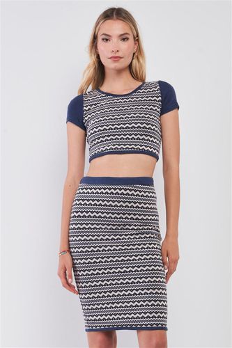 Navy & White Geometrical Pattern Short Sleeve Crop Top & High-waisted Pencil Skirt Two Piece Set - KandyKouture - Modalova