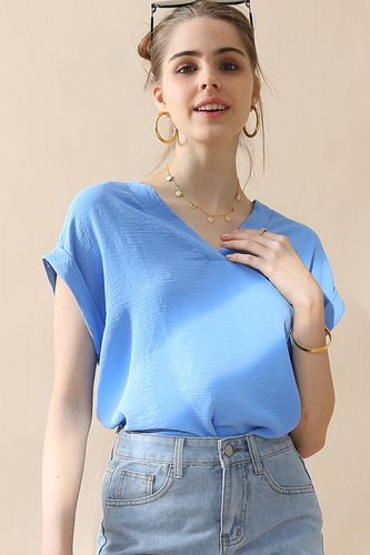 Ninexis V-Neck Trim Rolled Short Sleeve Shirt - Trendsi - Modalova