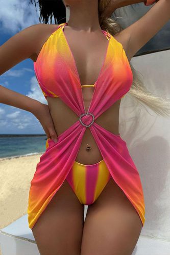 Orange Pink Tie Dye Rhinestone Heart Cover-Up Cheeky 3Pc Swimsuit Set - AMIClubwear - Modalova