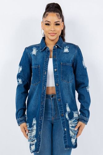 American Bazi Distressed Button Up Long Sleeve Denim Jacket - Trendsi - Modalova