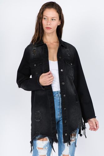 American Bazi Distressed Frayed Hem Denim Jacket - Trendsi - Modalova