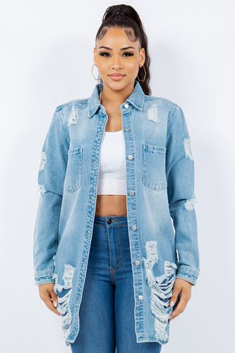 American Bazi Distressed Button Up Long Sleeve Denim Jacket - Trendsi - Modalova