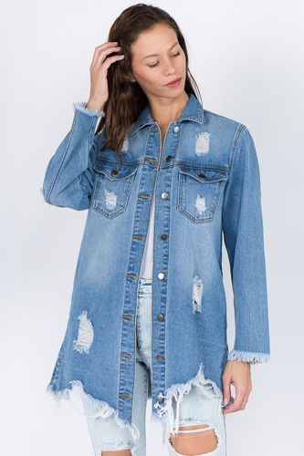 American Bazi Distressed Frayed Hem Denim Jacket - Trendsi - Modalova