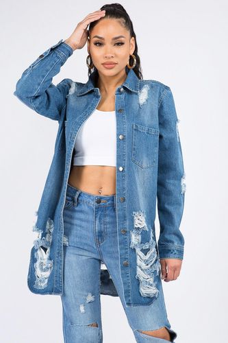 American Bazi Distressed Button Down Denim Shirt Jacket - Trendsi - Modalova