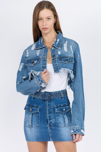 American Bazi Distressed Denim Jacket with Frayed Hem - Trendsi - Modalova