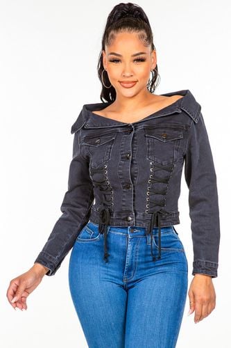 American Bazi Off Shoulder Lace Up Denim Jacket - Trendsi - Modalova