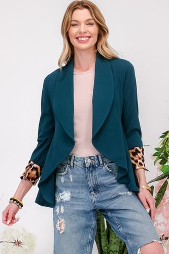 Celeste Full Size Rolled Leopard Cuff Open Front Blazer - Trendsi - Modalova