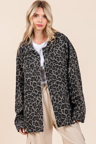 Mittoshop Leopard Button Up Denim Shacket with Breast Pockets - Trendsi - Modalova