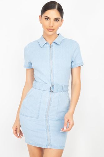 Belted Bodycon Collared Denim Dress - KandyKouture - Modalova