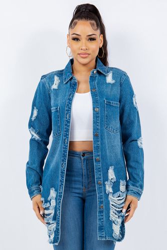 American Bazi Distressed Button Up Long Sleeve Denim Jacket - Trendsi - Modalova