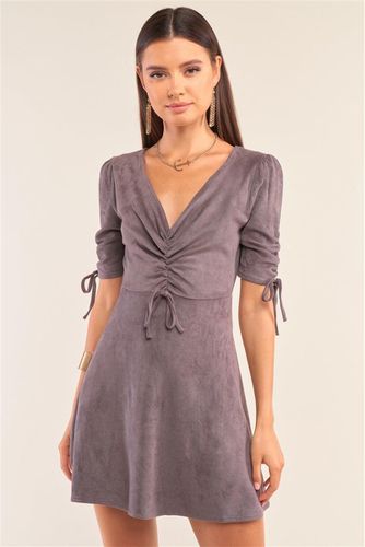 Charcoal Grey Suede Deep Plunge V-neck Gathered Detail Tight Fit Mini Dress - KandyKouture - Modalova