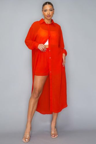 Chiffon Button Down Long Sleeve Side Slit Long Top With Short Set - KandyKouture - Modalova