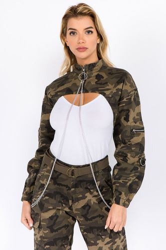 American Bazi Camouflage Cropped Jacket with Chains - Trendsi - Modalova