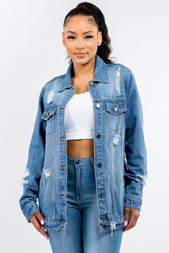 American Bazi Full Size Button Up Distressed Denim Jacket - Trendsi - Modalova